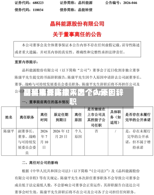 晶科能源实控人之〖One〗、副董事长陈康平因个人原因辞职-第2张图片