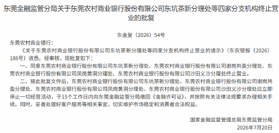 东莞农商银行四家分支机构获批终止营业